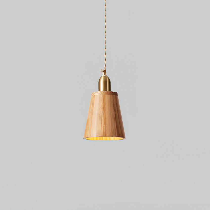 Walnut Finish Wood Pendant Lamp With Brass Accents